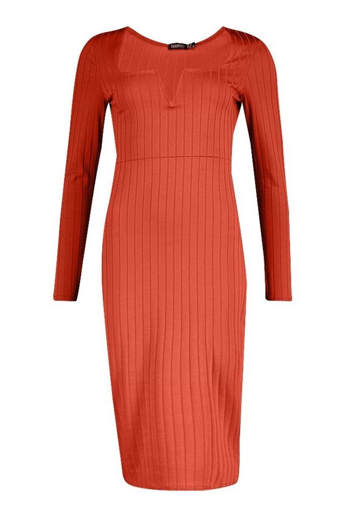 Womens Long Sleeve V Front Ribbed Midi Dress - orange - 10, Orange