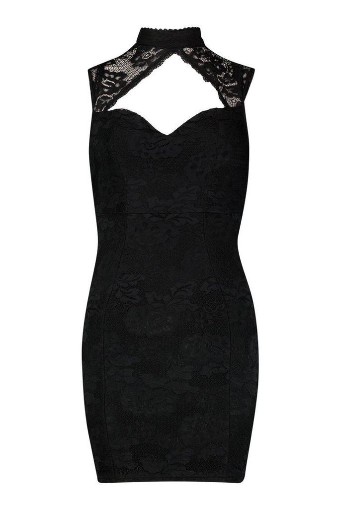 Womens High Neck Cap Sleeve Lace Mini Dress - black - 14, Black