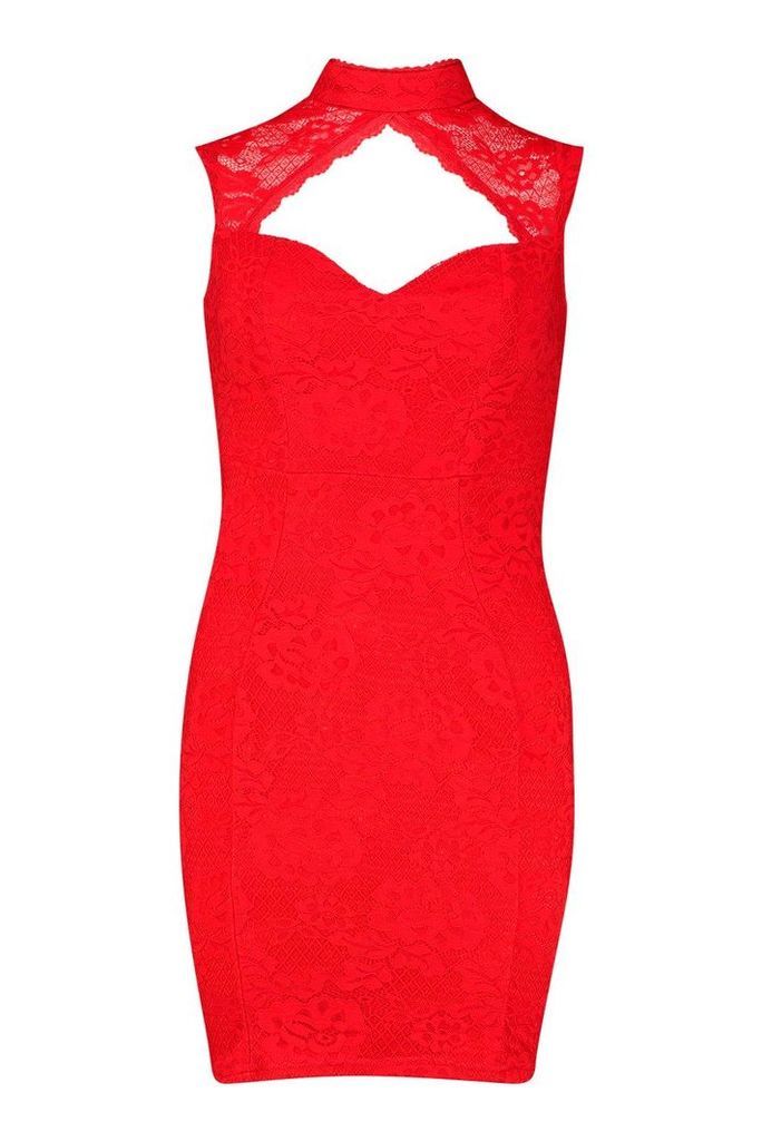 Womens High Neck Cap Sleeve Lace Mini Dress - red - 12, Red