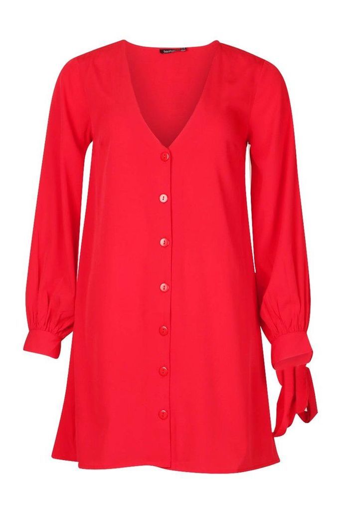 Womens Long Sleeve V Neck Button Shift Dress - red - 10, Red