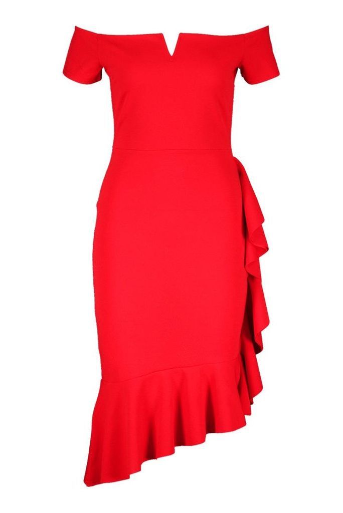 Womens Bardot V Bar Ruffle Side Midi Dress - red - 14, Red