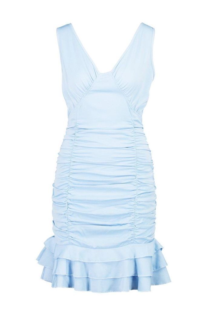 Womens Ruched Frill Hem Mini Dress - blue - 12, Blue
