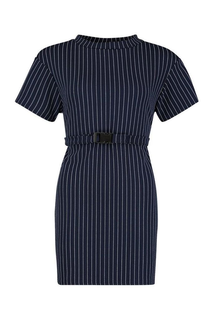 Womens Pinstripe Buckle Detail Belted Shift Dress - navy - 10, Navy