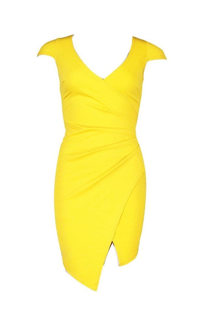 Womens Cap Sleeve Wrap Midi Dress - yellow - 10, Yellow