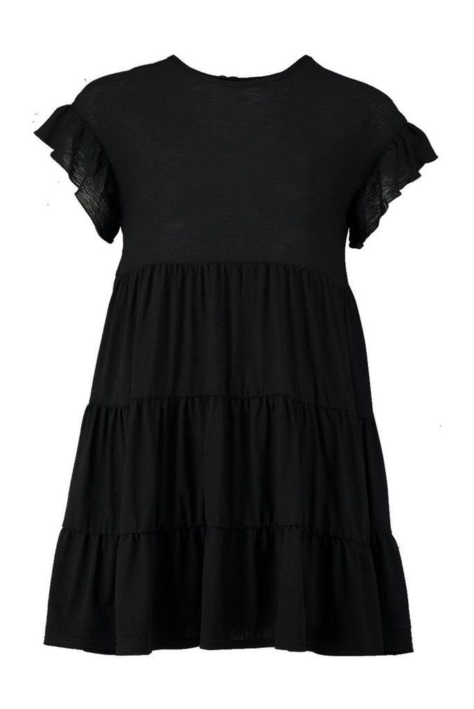 Womens Crinkle Frill Sleeve Tier Smock Dress - Black - 16, Black