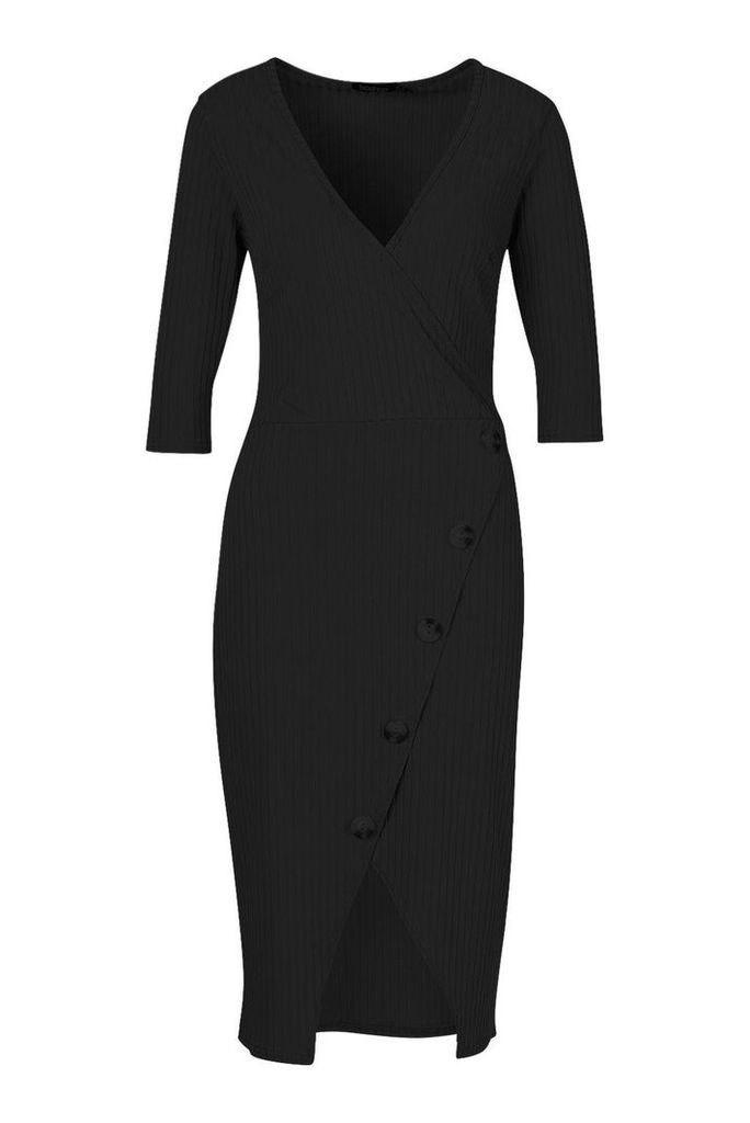 Womens Rib Button Front Midi Dress - black - 10, Black