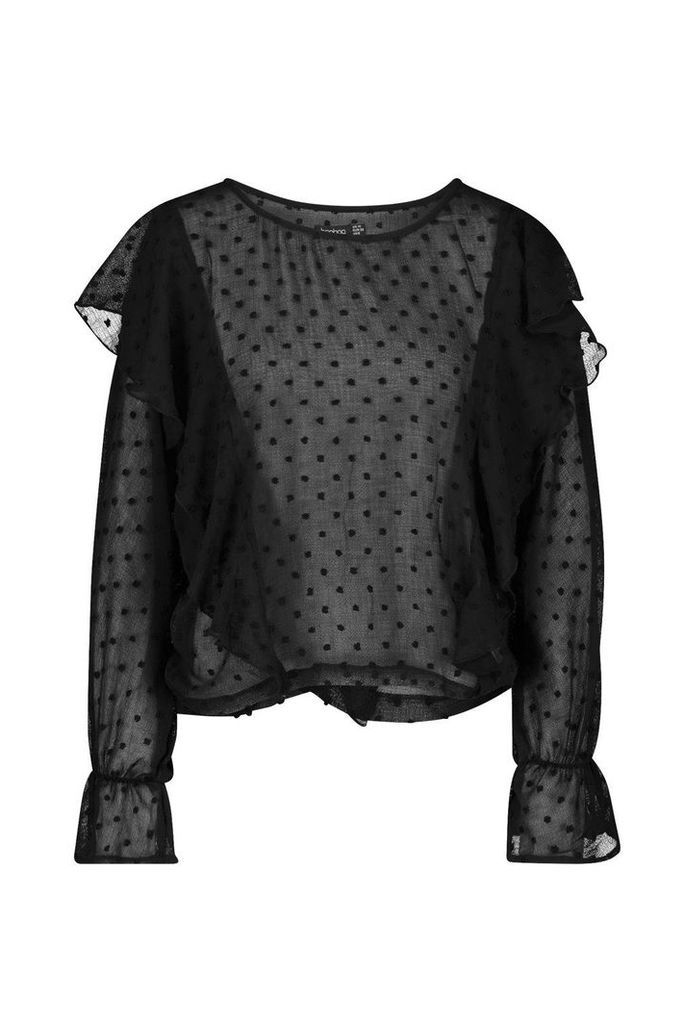 Womens Dobby Mesh Ruffle Sleeve Blouse - Black - 14, Black