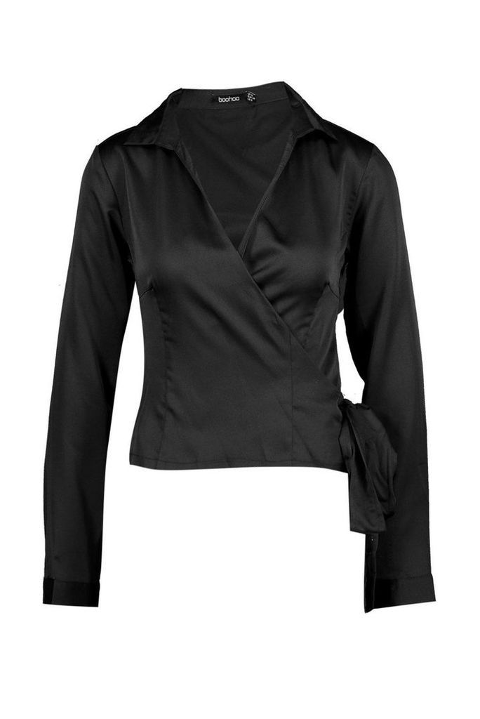 Womens Satin Wrap Tie Detail Shirt - black - 10, Black