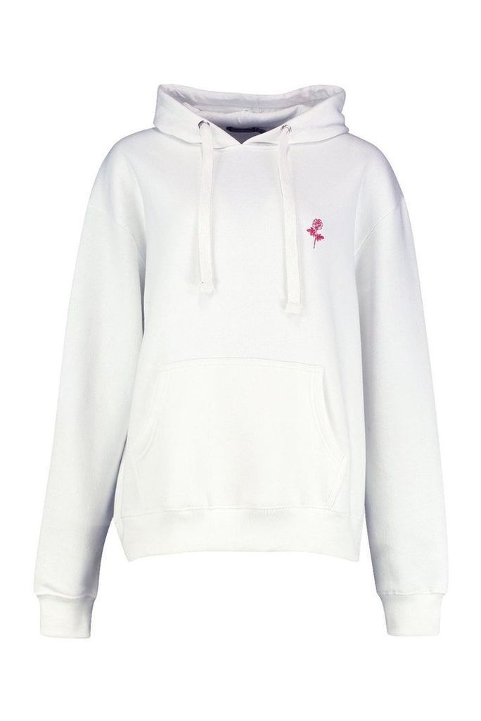 Womens Rose Pocket Embroidered Oversized Hoodie - White - 10, White