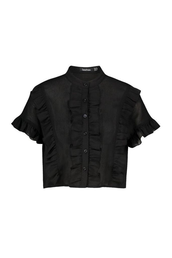 Womens Ruffle Short Sleeved Shirt - black - 6, Black