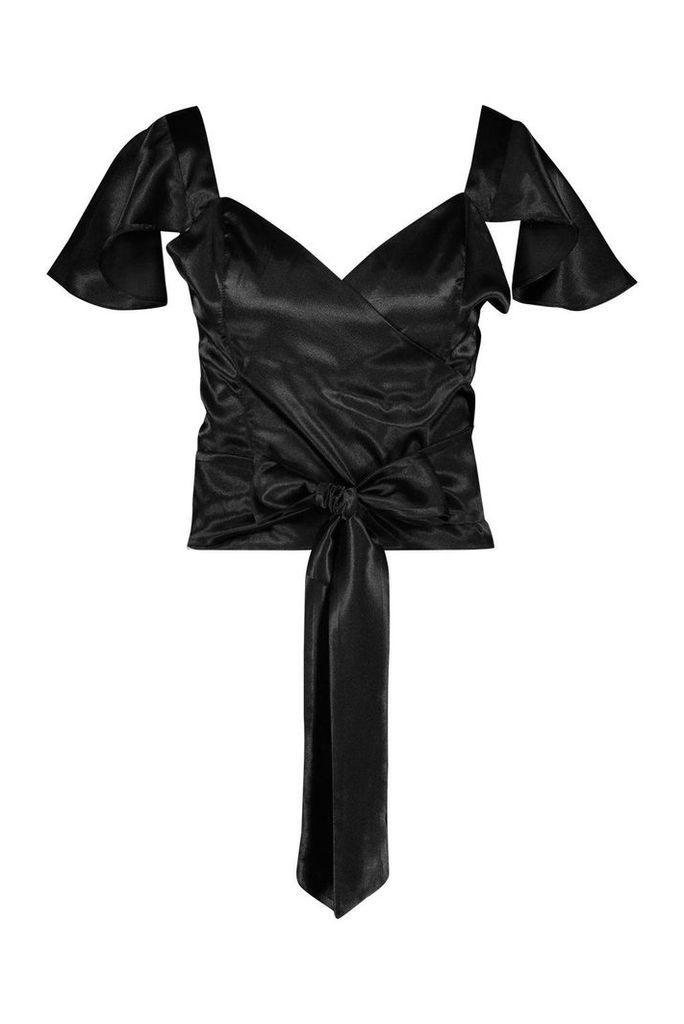 Womens Satin Angel Sleeve Wrap Blouse - black - 12, Black
