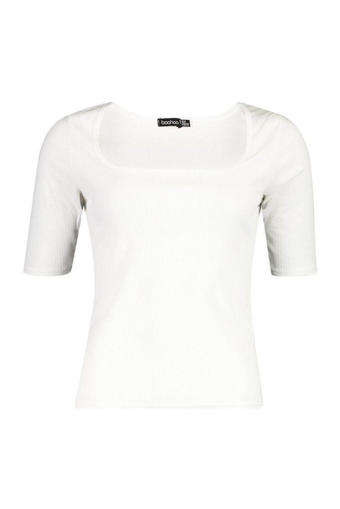 Womens Ribbed Square Neck Short Sleeve Top - white - 16, White