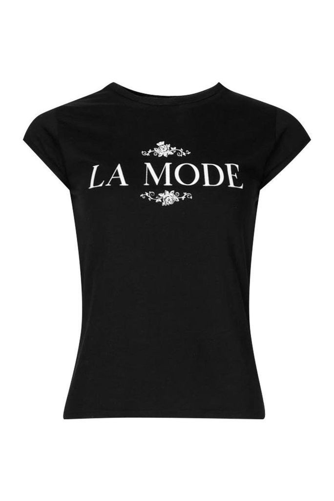Womens LA Mode French Slogan Cap Sleeve T-Shirt - black - 10, Black
