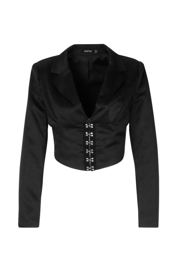 Womens Satin Corset Detail Cropped Blazer - black - 14, Black