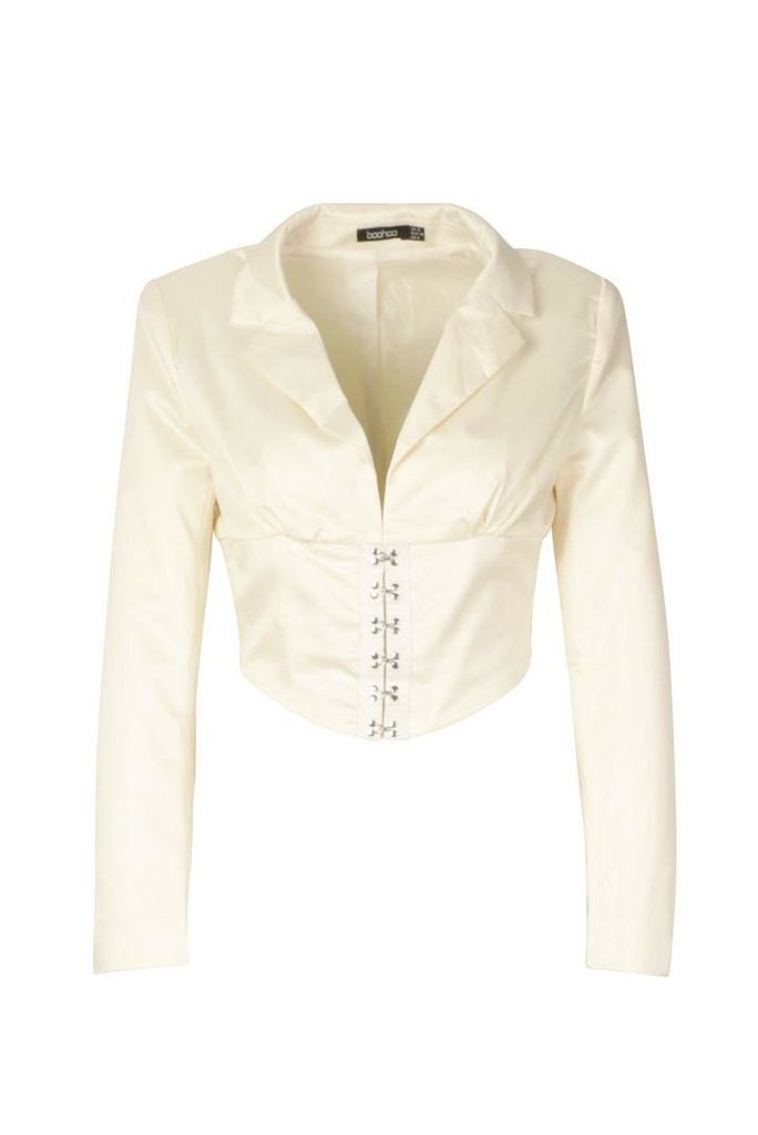 Womens Satin Corset Detail Cropped Blazer - white - 14, White