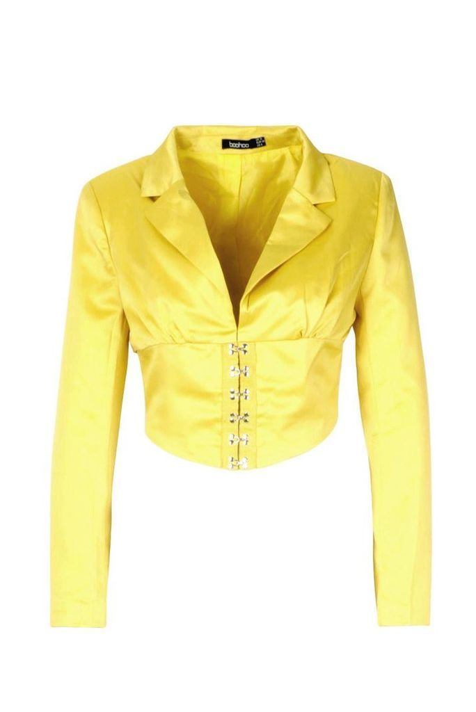 Womens Satin Corset Detail Cropped Blazer - yellow - 14, Yellow