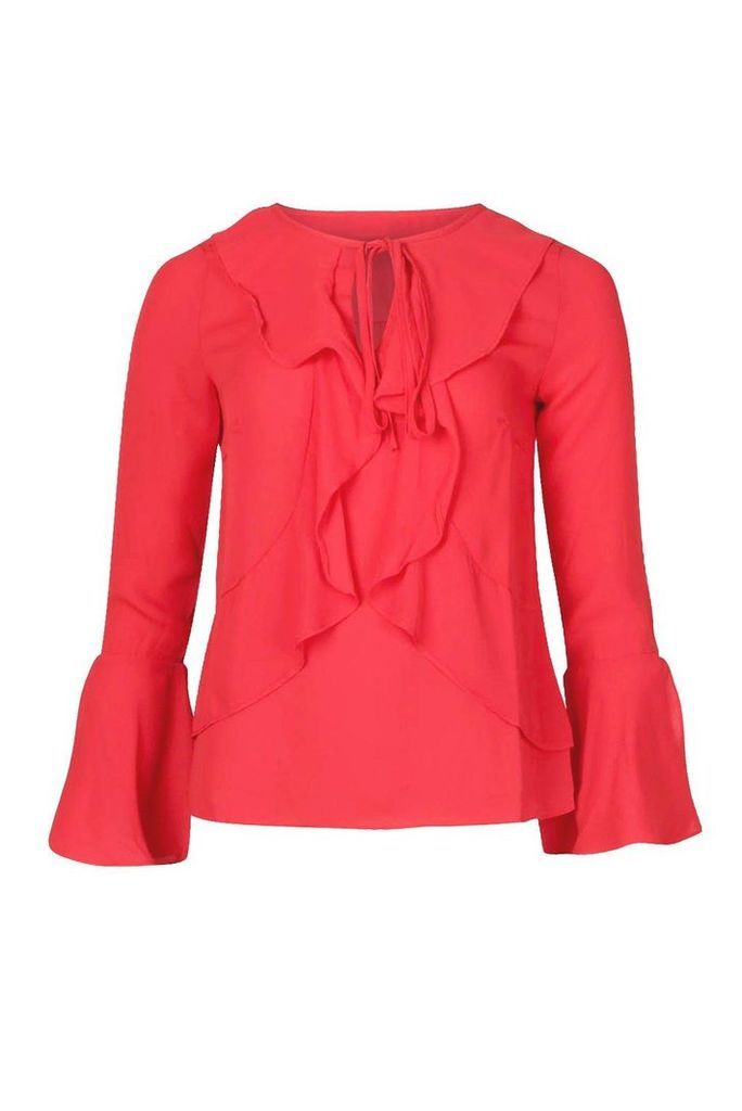 Womens Ruffle Front Flare Sleeve Blouse - red - XS, Red