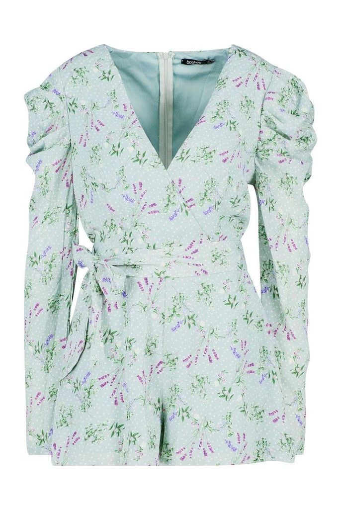 Womens Floral Puff Sleeve Wrap Front Playsuit - green - 12, Green