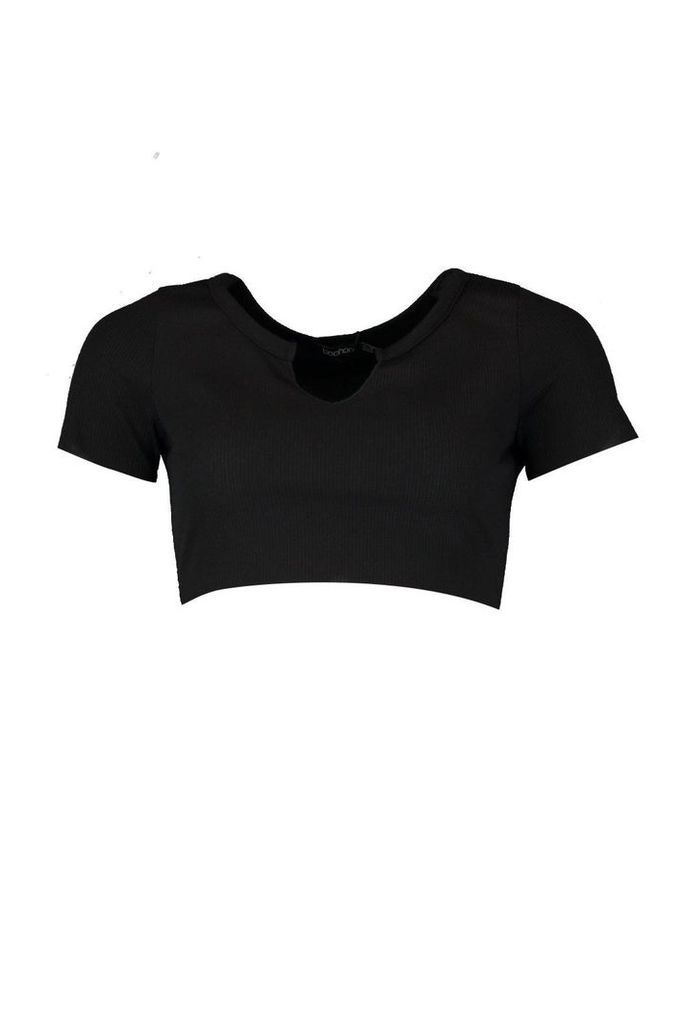Womens Basic Ribbed Notch Front Cropped T-Shirt - black - 14, Black