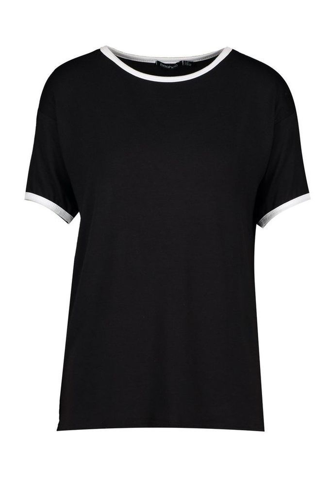 Womens Slouchy Ringer T-Shirt - Black - 8, Black