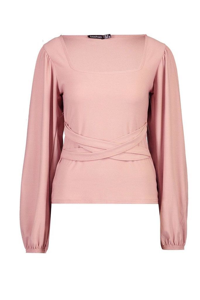 Womens Square Neck Volume Sleeve Tie Waist Blouse - pink - 10, Pink
