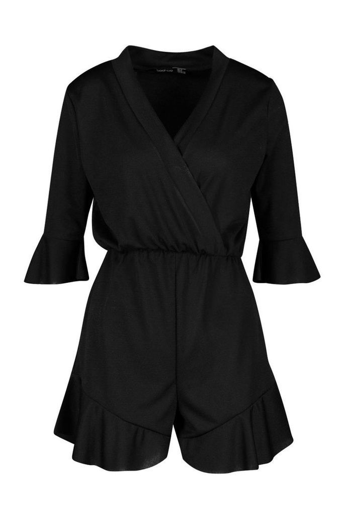 Womens Plain Ruffle Hem Wrap Jersey Playsuit - black - 10, Black