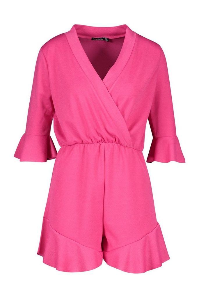 Womens Plain Ruffle Hem Wrap Jersey Playsuit - pink - 12, Pink