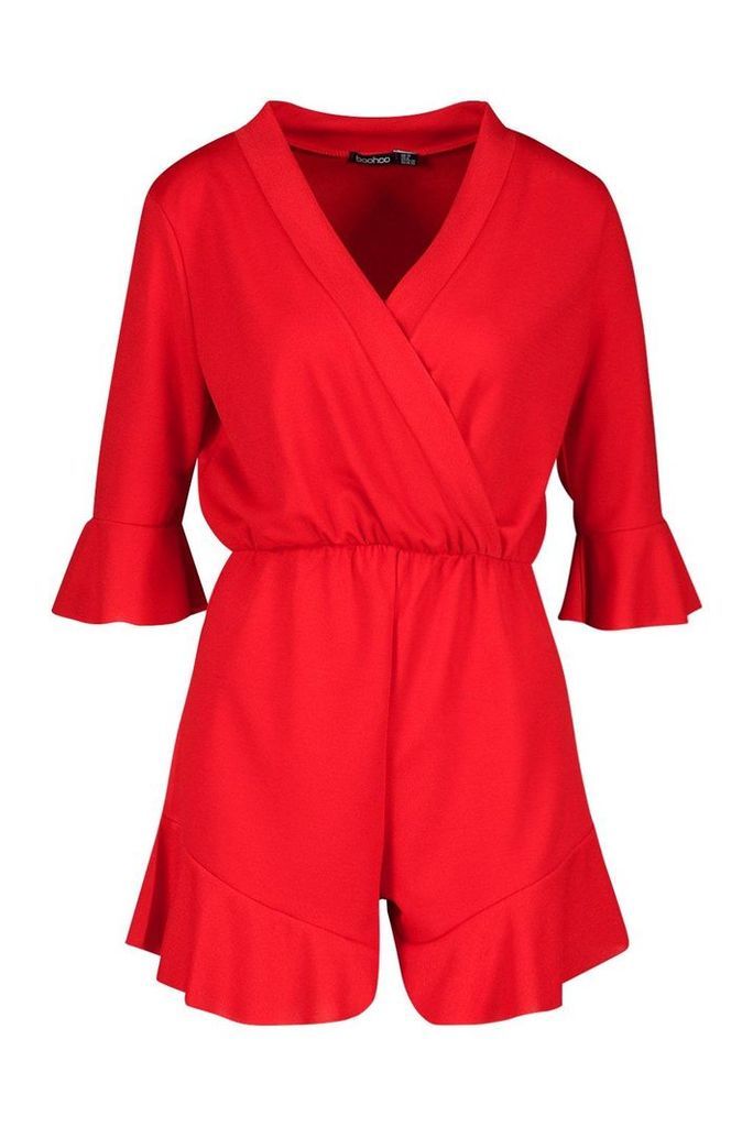 Womens Plain Ruffle Hem Wrap Jersey Playsuit - red - 10, Red
