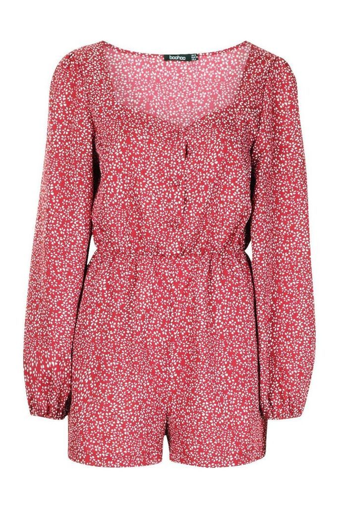 Womens Ditsy Floral Blouson Sleeve Playsuit - red - 14, Red