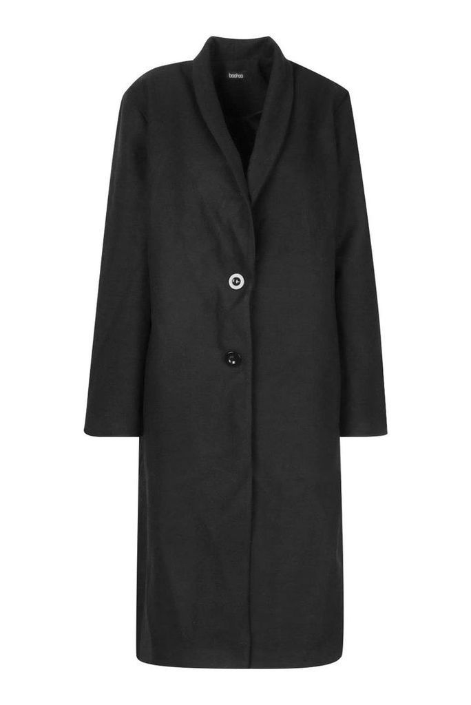 Womens Shawl Collar Button Wool Look Coat - Black - 8, Black