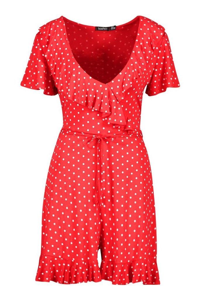 Womens Polka Dot Wrap Ruffle Playsuit - red - 8, Red
