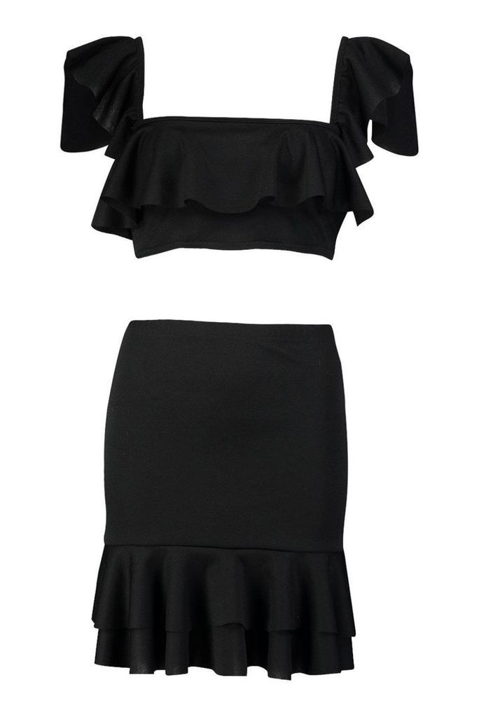 Womens Ruffle Strappy Top & Mini Skirt Co-Ord - black - 10, Black