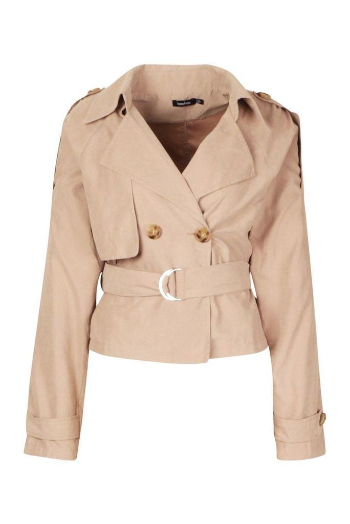 Womens Crop Double Breasted Trench Coat - beige - 10, Beige