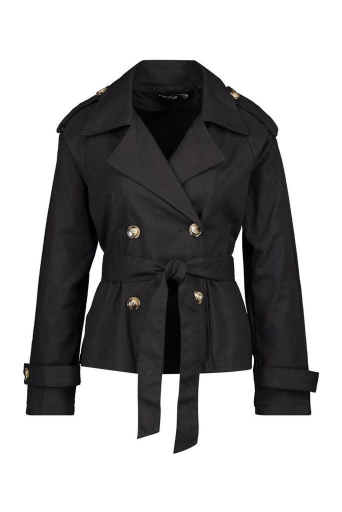 Womens Double Breasted Belted Short Trench - black - 12, Black