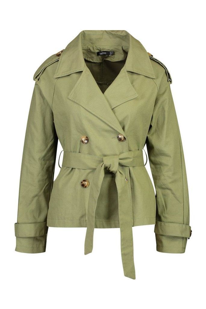 Womens Double Breasted Belted Short Trench - green - 12, Green