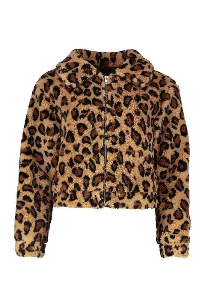 Womens Leopard Faux Fur Crop Jacket - brown - 12, Brown
