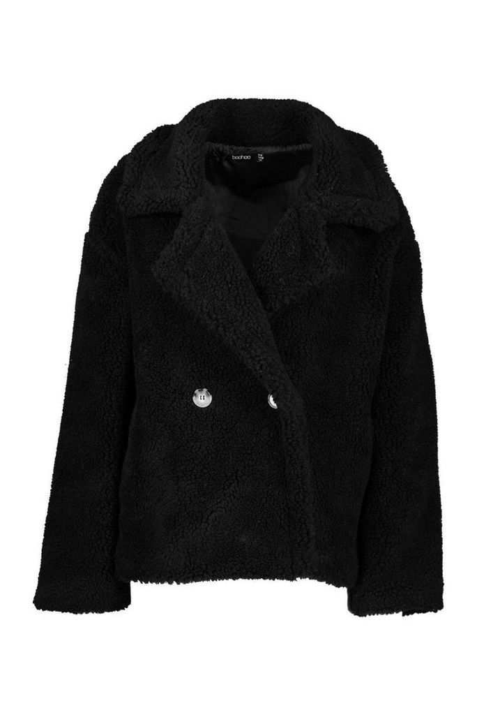 Womens Double Breasted Short Teddy Faux Fur Coat - black - 14, Black