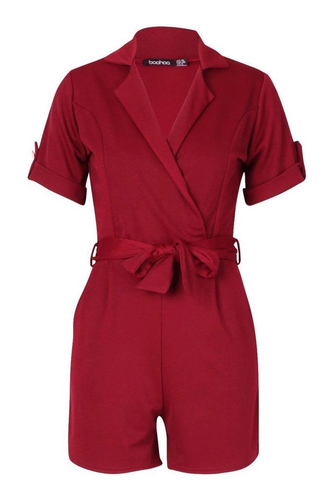 Womens Belted Wrap Over Tailored Playsuit - 10, Red