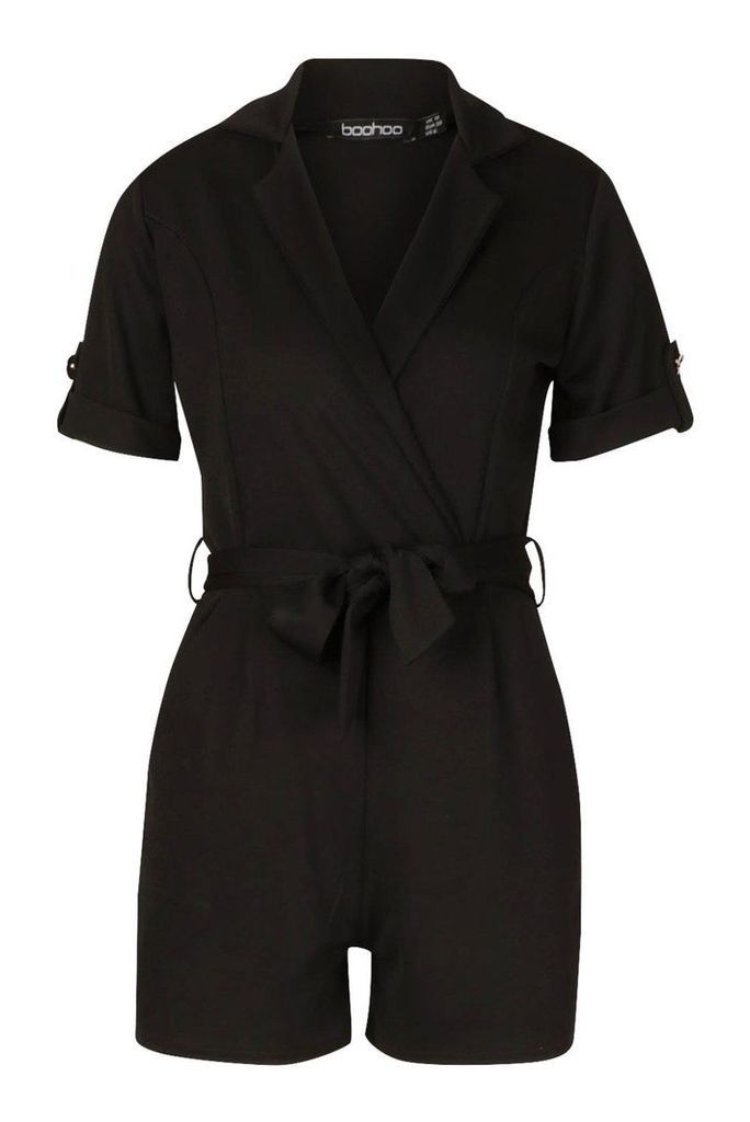 Womens Belted Wrap Over Tailored Playsuit - black - 8, Black