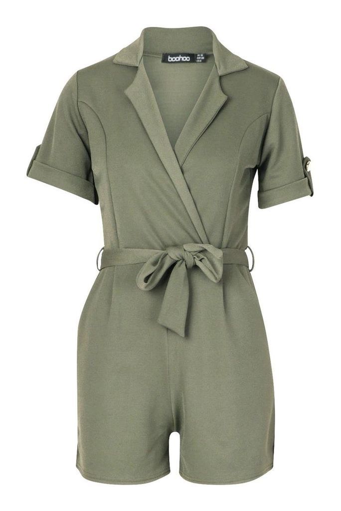Womens Belted Wrap Over Tailored Playsuit - green - 10, Green