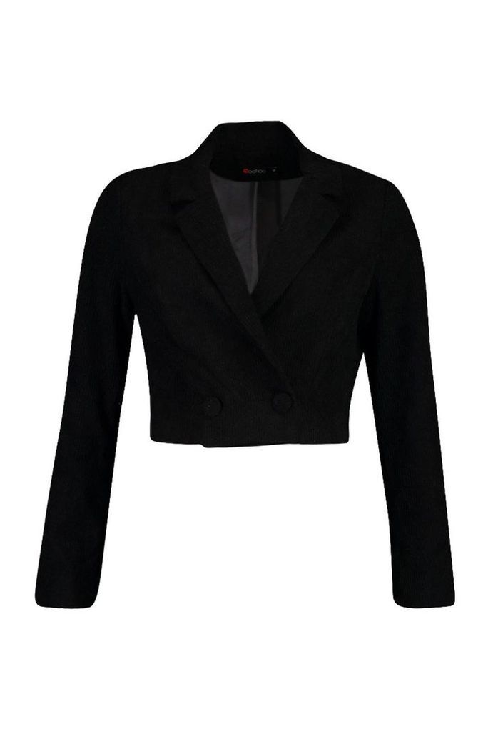 Womens Cord Cropped Button Front Blazer - black - L, Black