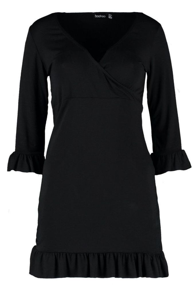 Womens Ruffle Detail Jersey Tea Dress - black - 10, Black