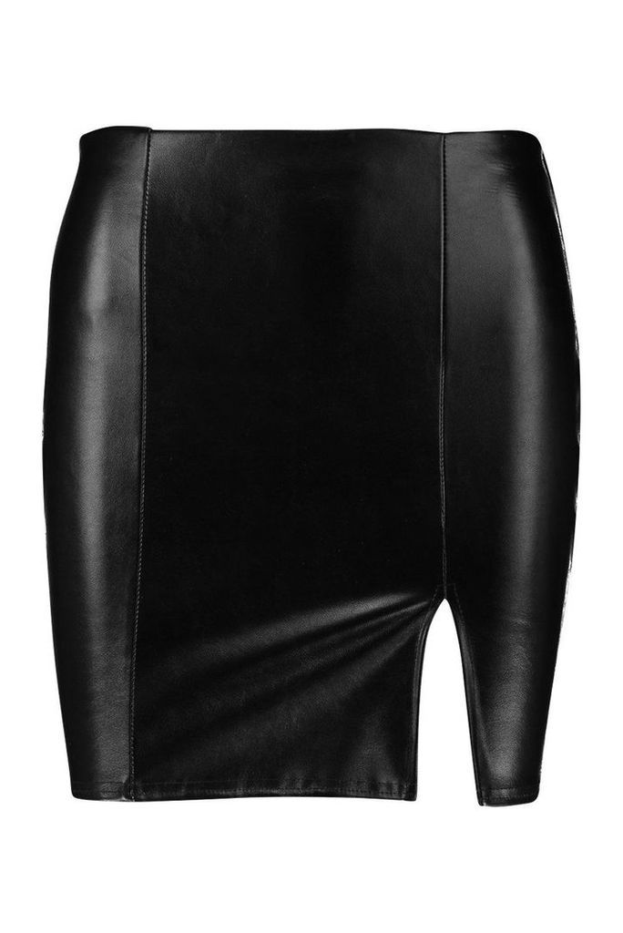 Womens Petite Leather Look Split Mini Skirt - black - 14, Black