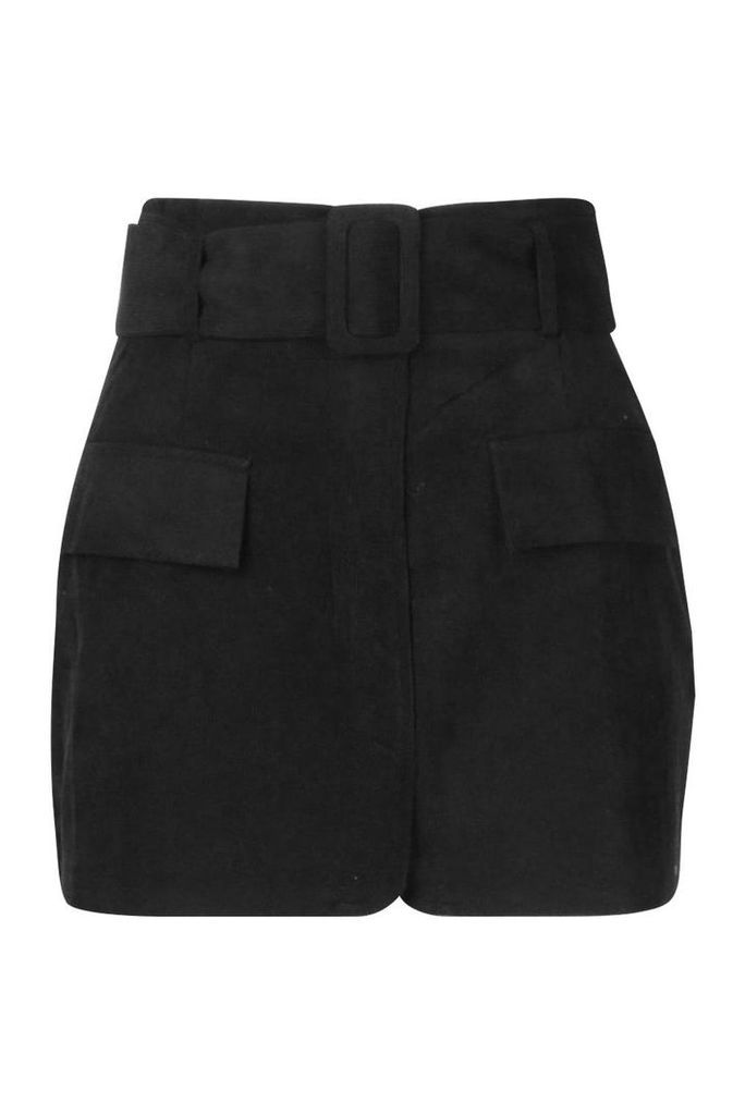 Womens Petite Belted Cord Mini Skirt - black - 8, Black