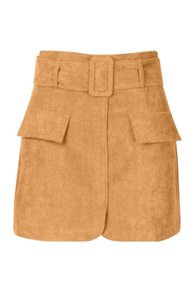 Womens Petite Belted Cord Mini Skirt - brown - 12, Brown