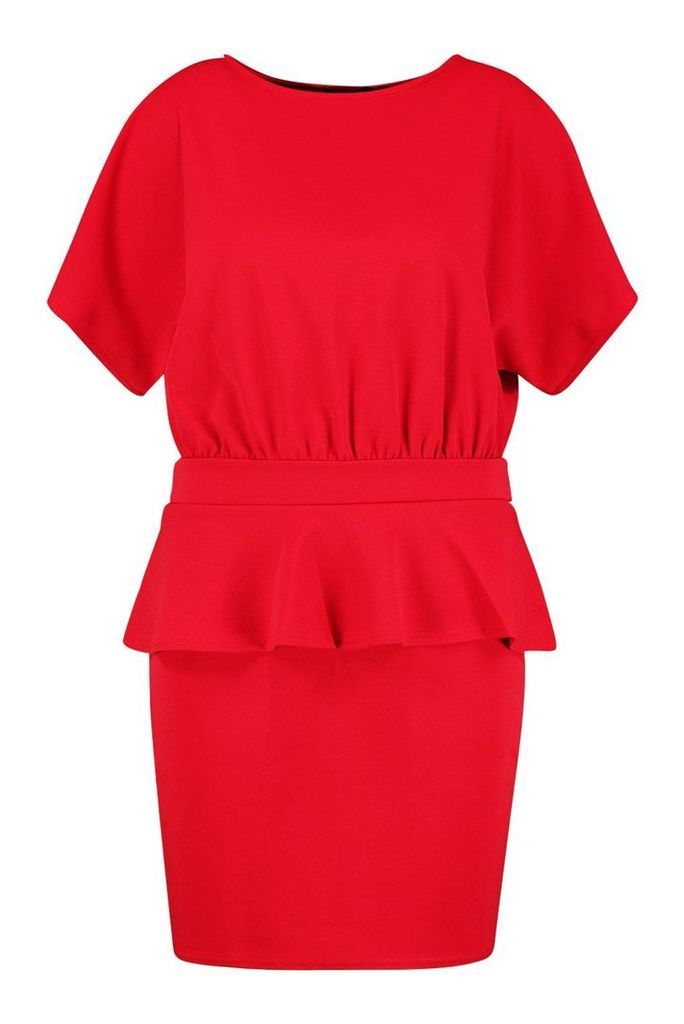 Womens Plus Slash Neck Tie Waist Skater Dress - red - 28, Red