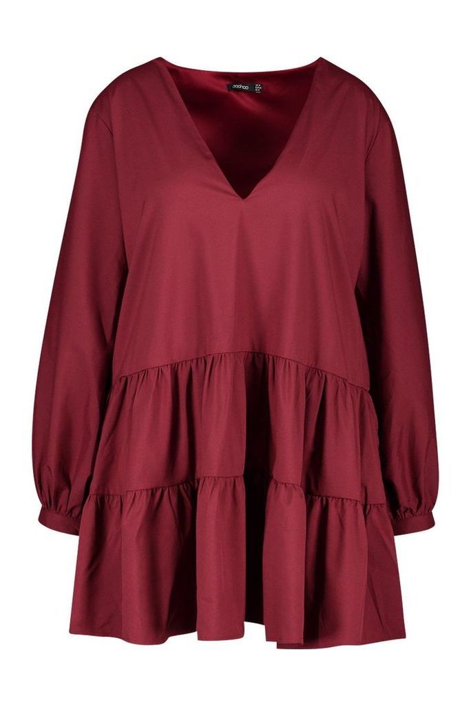 Womens Plus Tiered V Neck Smock Dress - 24, Red