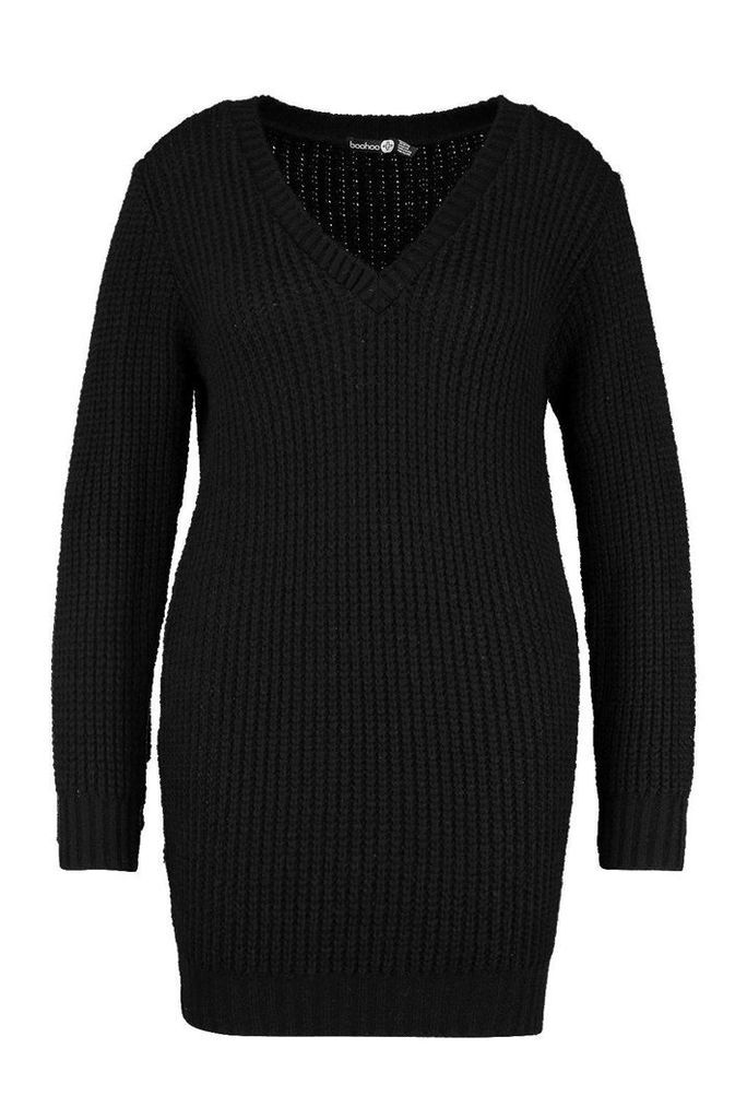 Womens Plus V Neck Chunky Knitted Jumper Dress - black - 16-18, Black