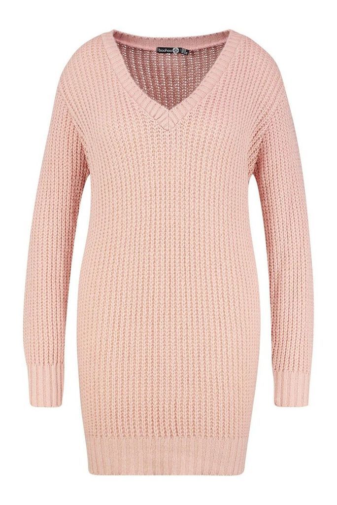 Womens Plus V Neck Chunky Knitted Jumper Dress - pink - 20-22, Pink
