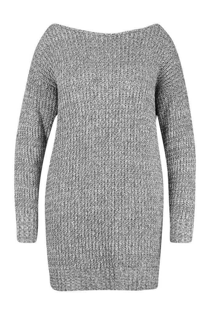 Womens Plus Marl Slash Neck Knitted Jumper Dress - grey - 22, Grey